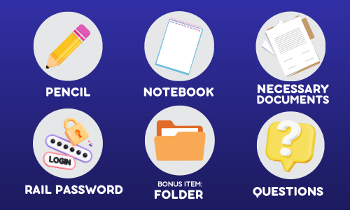 A photo illustrating six important things to bring with you to Orientation: a pencil, a notebook, necessary documents, your RAIL password, a folder, and questions!