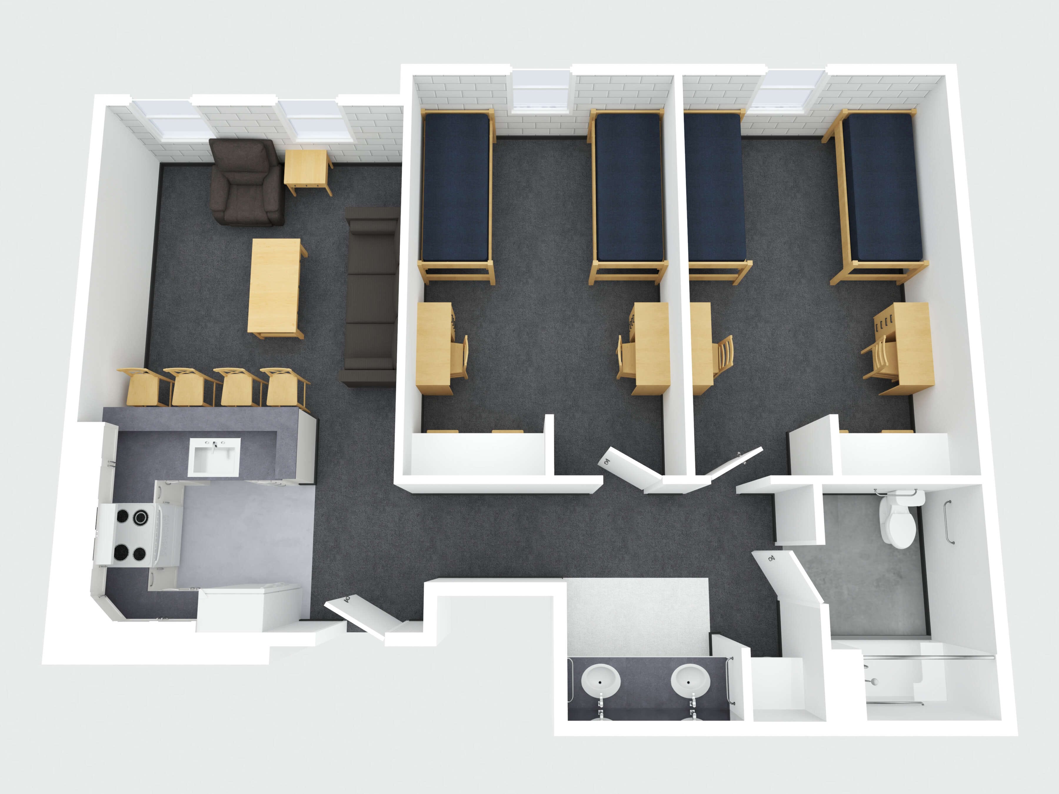 3D image render of an apartment ADA suite