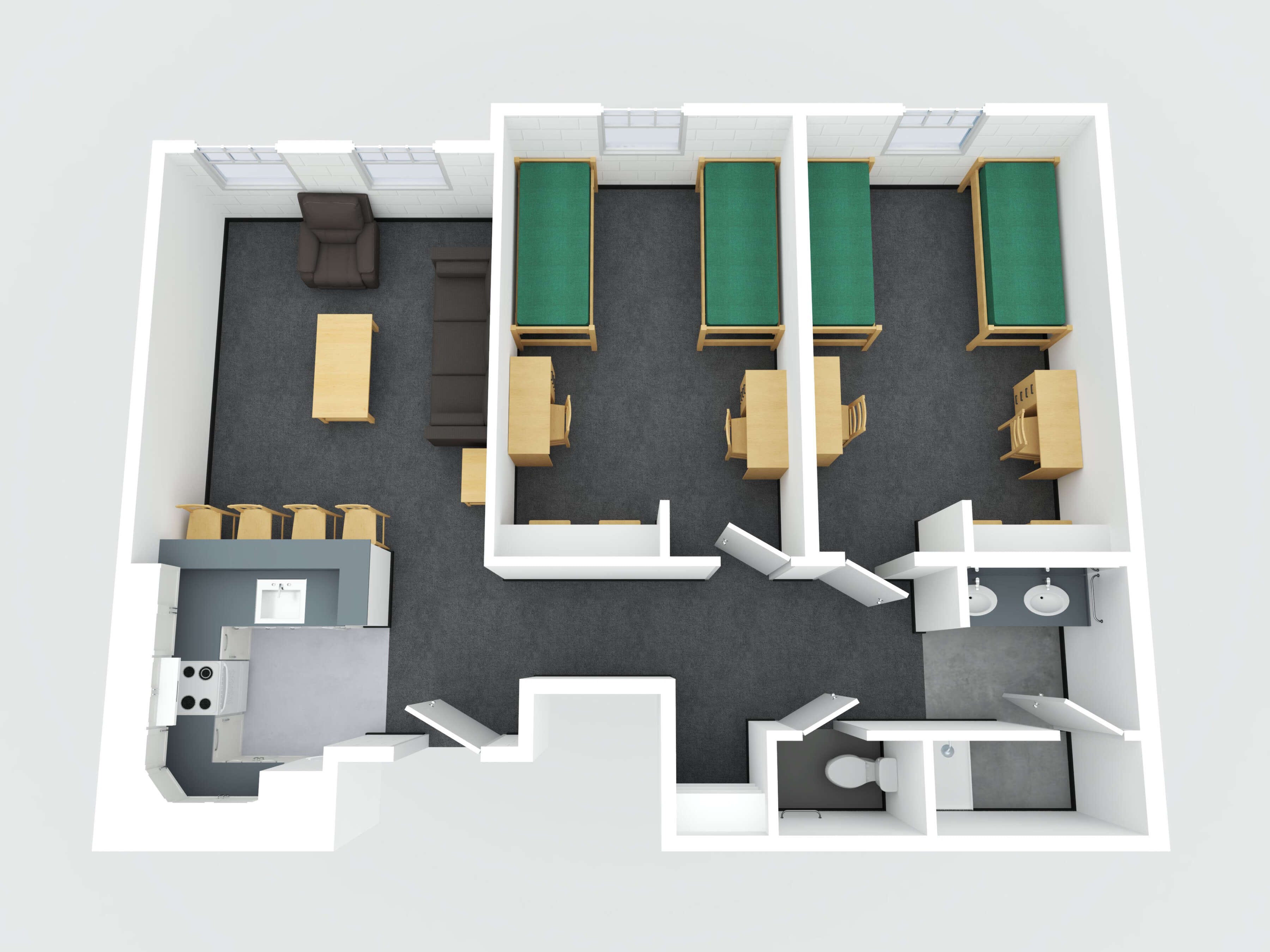 3D image render of an apartment double occupancy suite