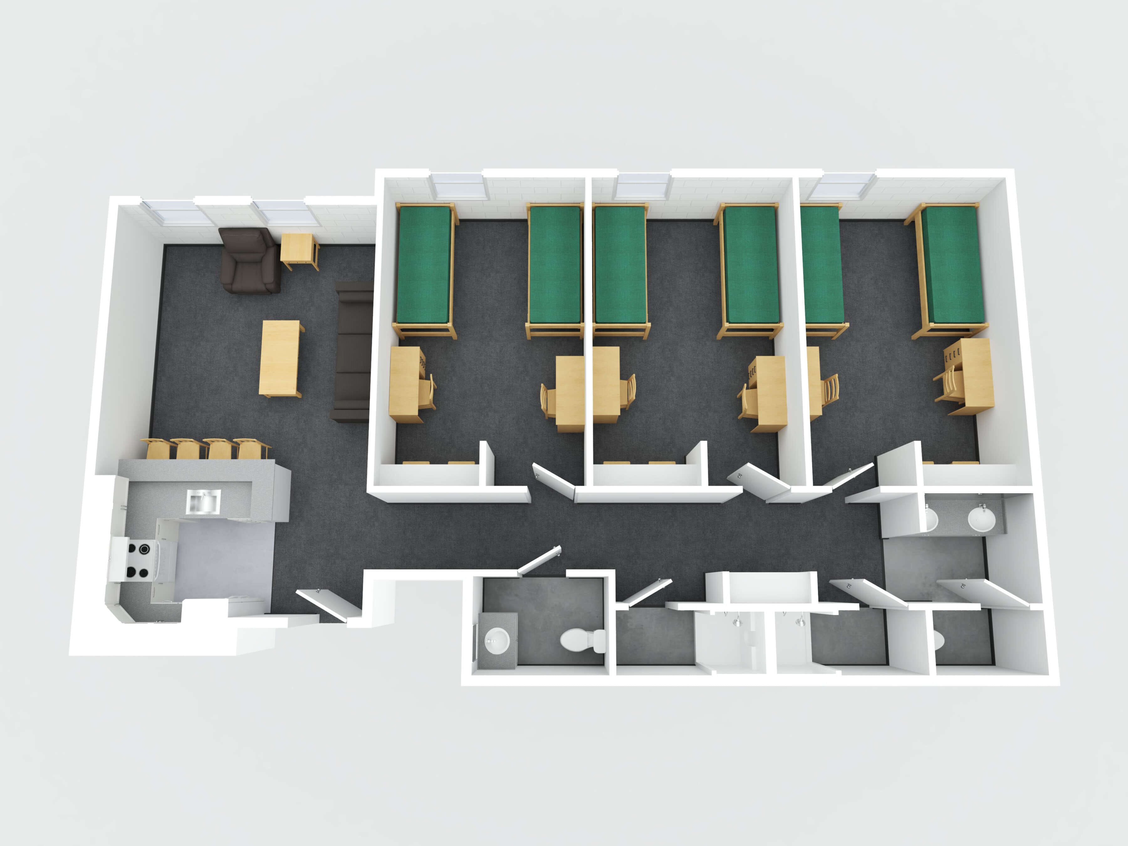 3D image render of an apartment triple occupancy suite