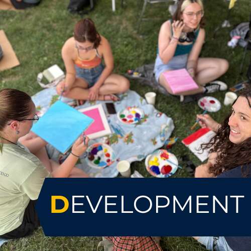 Group of students in a circle painting on canvases.