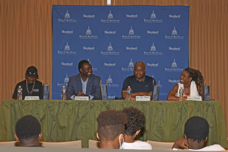 Pictured (l. to r.) are panelists Sav Tinsley, from Blue Ridge Automotive in Knoxville, Maryland; Chauncey Winbush, Shepherd vice president for athletics; Jay Mason, Shepherd alumnus and Frederick County Public Schools board member; and Fanny Bondje, New York University graduate and Rotary scholar.