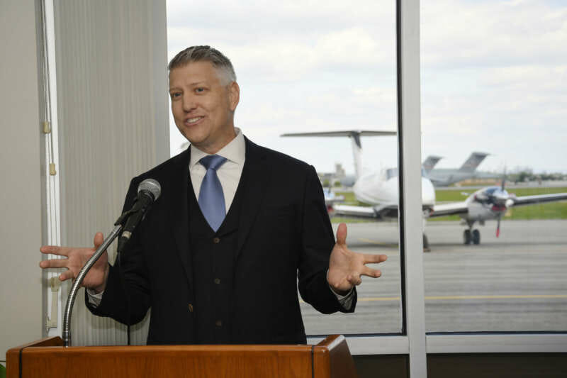 Tom Willis, Hunter Carlos Willis's father, speaks during the dedication of Shepherd's aviation program to his son.