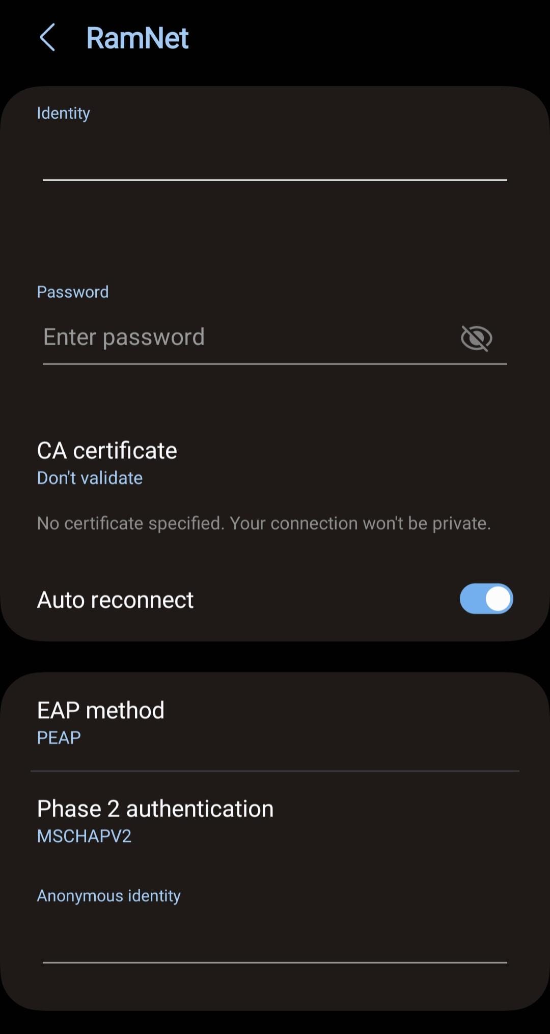 Android / Chrome Wi-Fi setup screen
