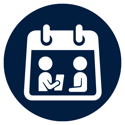 Blue icon with two people meeting.