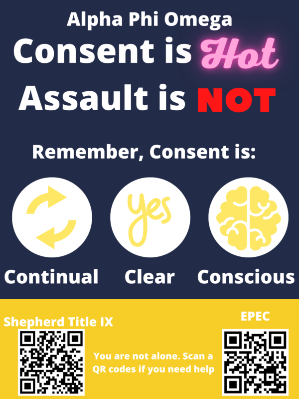 Alpha Phi Omega Flyer: Consent is hot! Assault is Not! Remember consent is CONTINUAL, CLEAR, CONSCIOUS