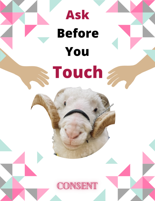 Photo of mascot JC with "Ask Before You Touch" CONSENT