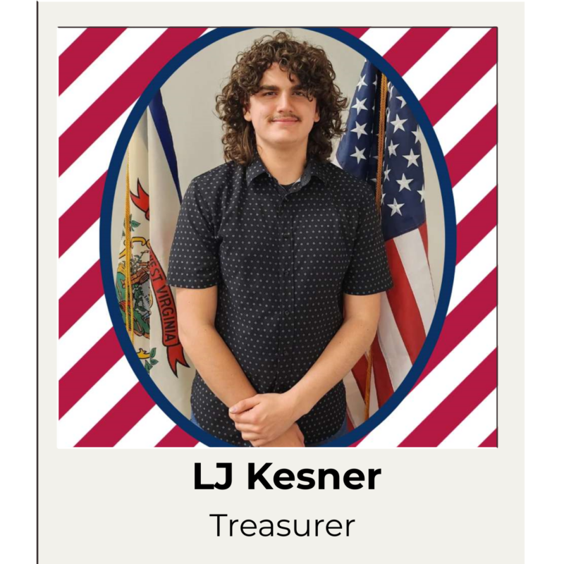 LJ Kesner standing in front of WV and American Flags