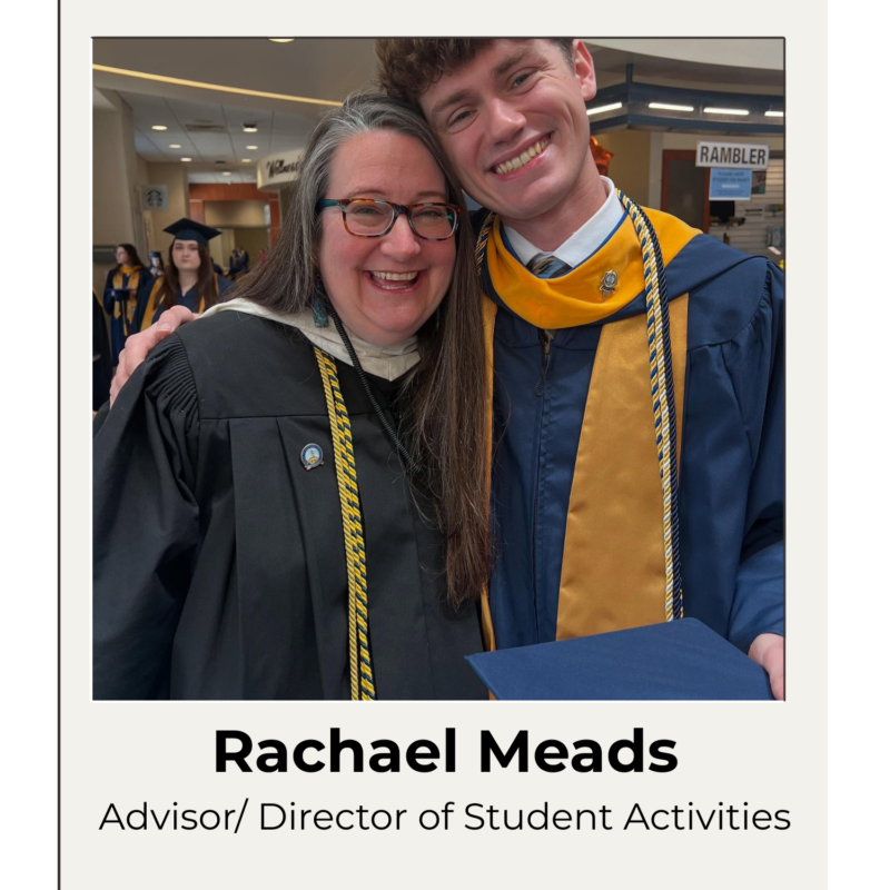 Rachael Meads in commencement regalia standing beside Shepherd graduate Russell McClanahan at commencement 2025