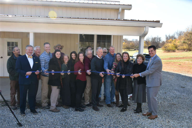 Members of the Shepherd University Board of Governors, faculty, staff, and volunteers join U.S. Senator Shelly Moore Capito (second from right) and Shepherd University President Dr. Mary J.C. Hendrix to cut the ribbon on the new agribusiness center on November 13, 2025.
