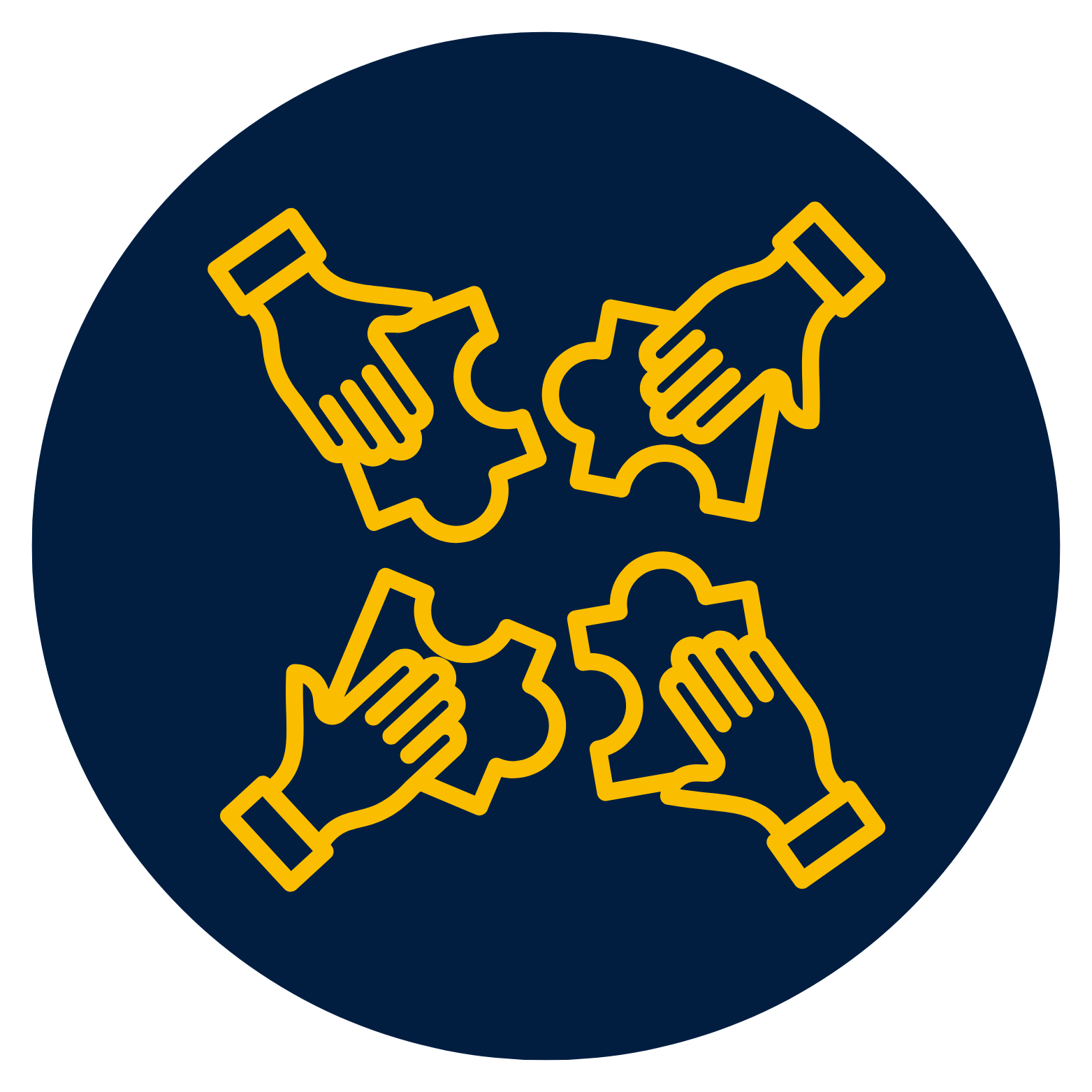 Blue circle with gold hands and puzzle pieces icon.
