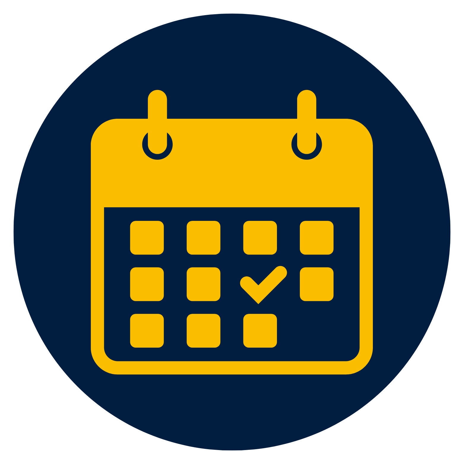 Blue circle with gold calendar icon.