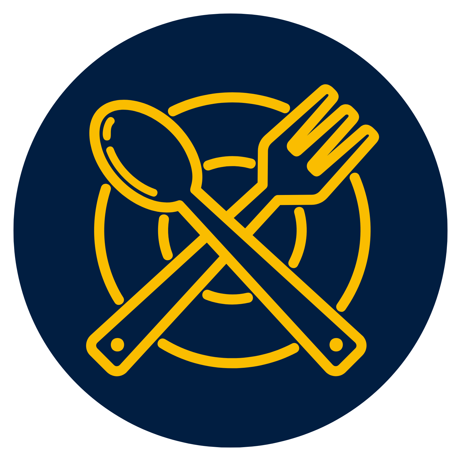 Blue circle with gold spoon, fork, plate icon.