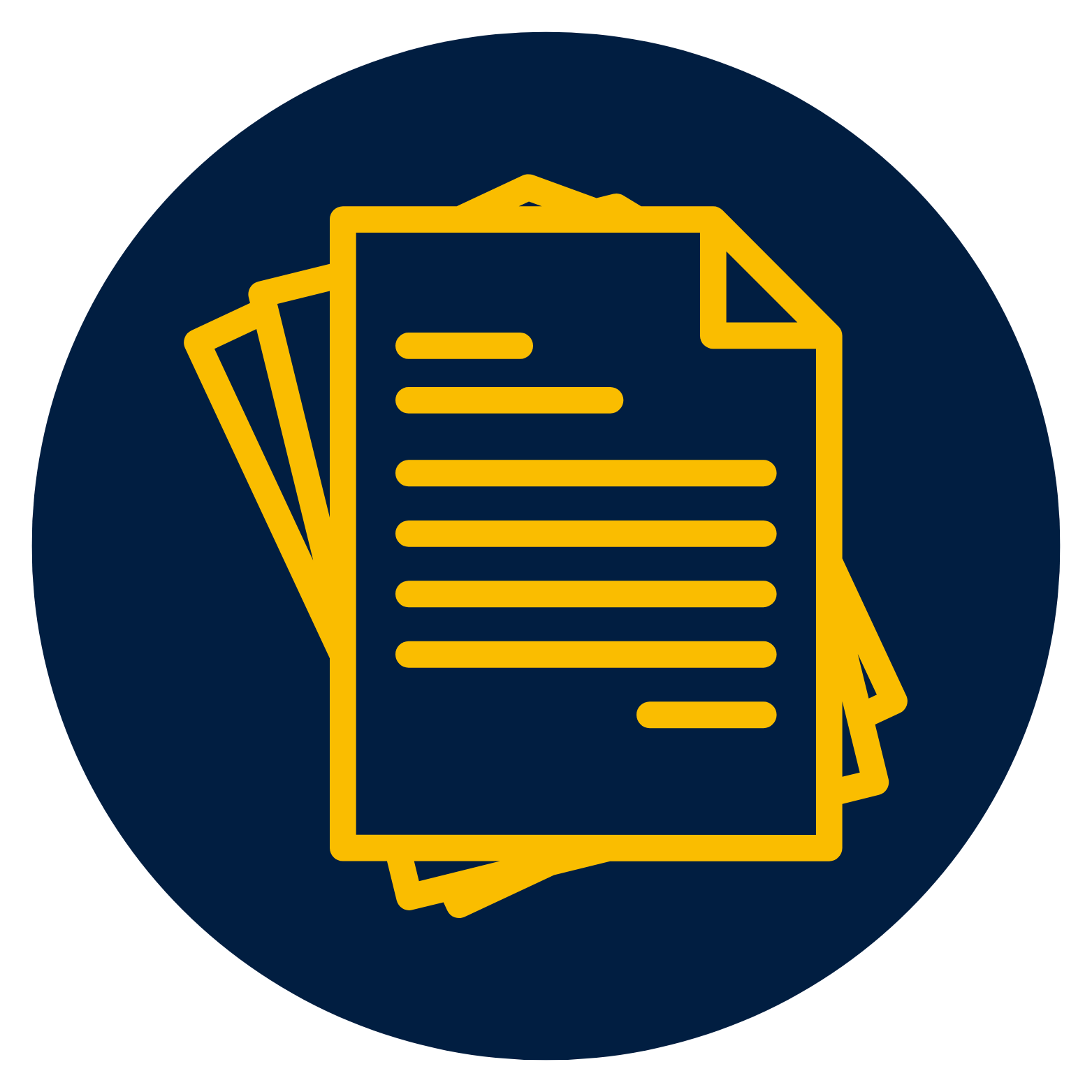 Blue circle with gold papers/documents icon.