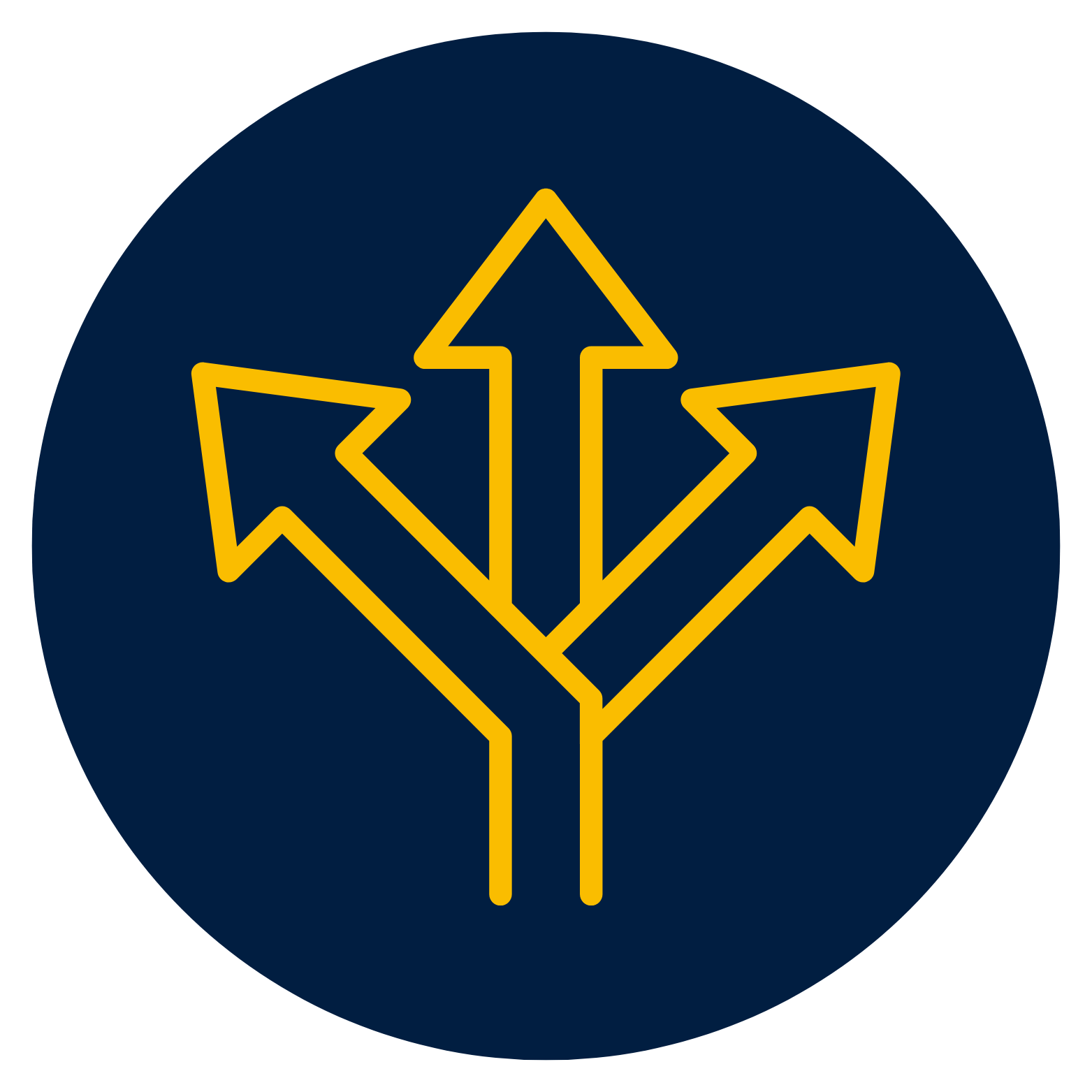 Blue circle with three gold arrows pointing different directions.