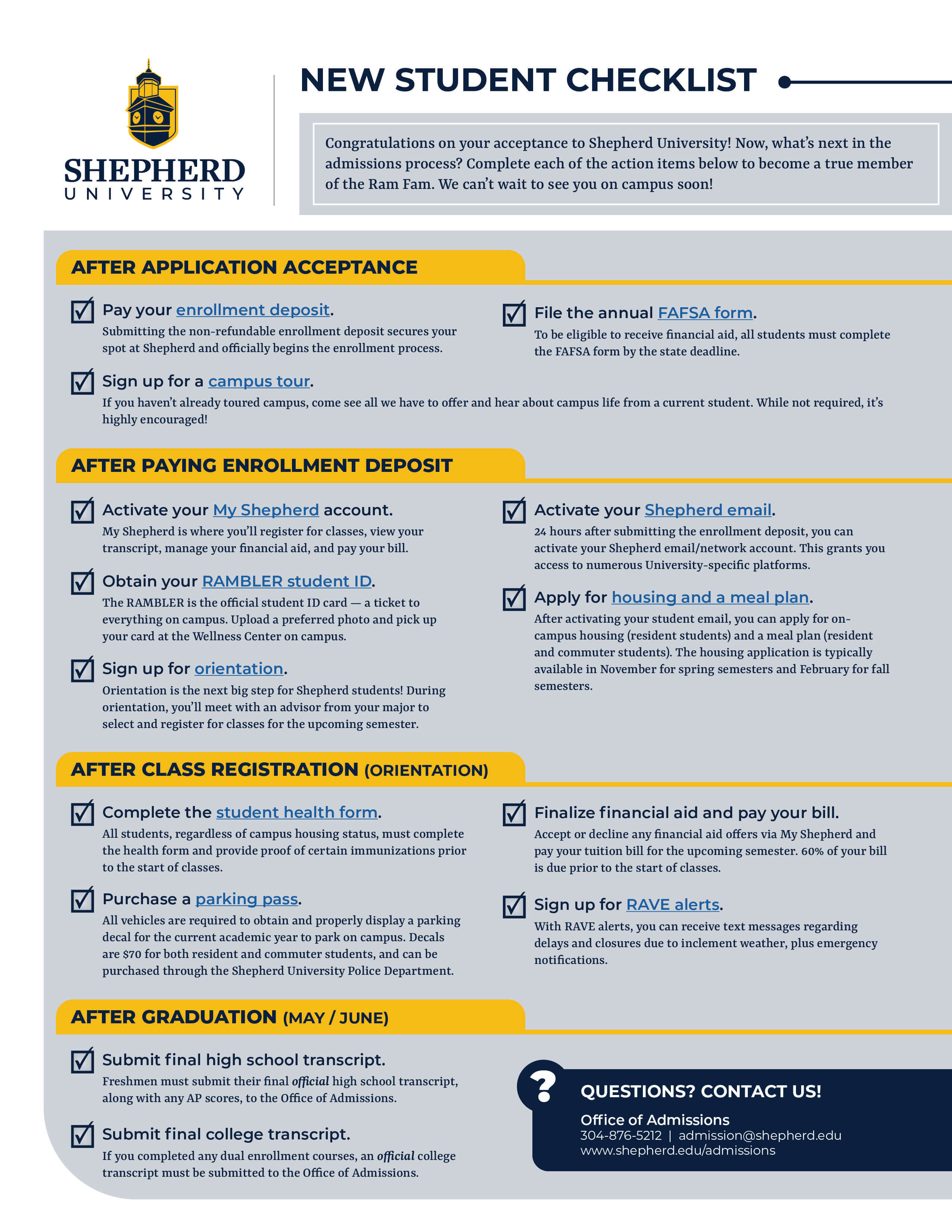 Shepherd University's new student checklist for incoming students.