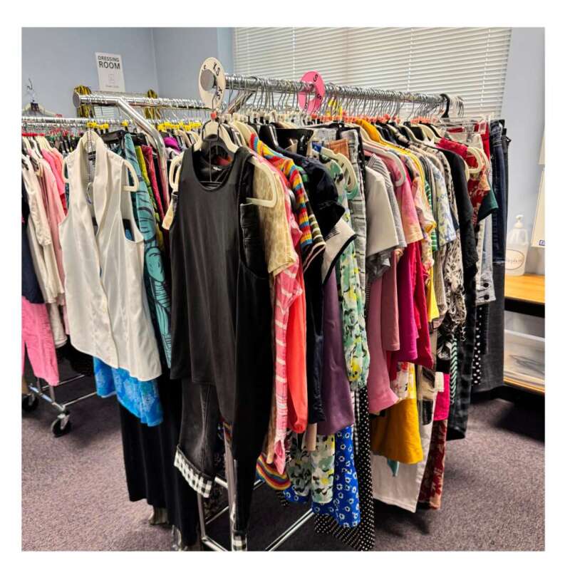Clothing on a rack.