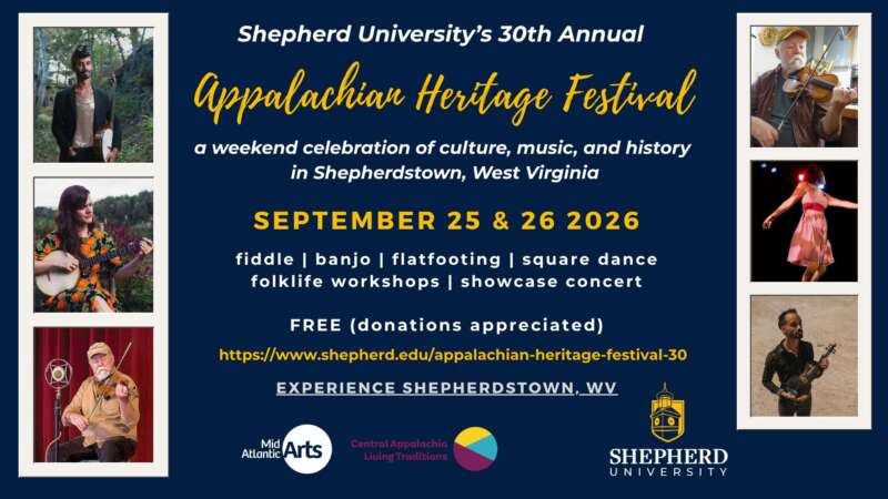 Appalachian Heritage Festival header with photos of guest artists Dave Bing, Jake Blount, and Becky Hill