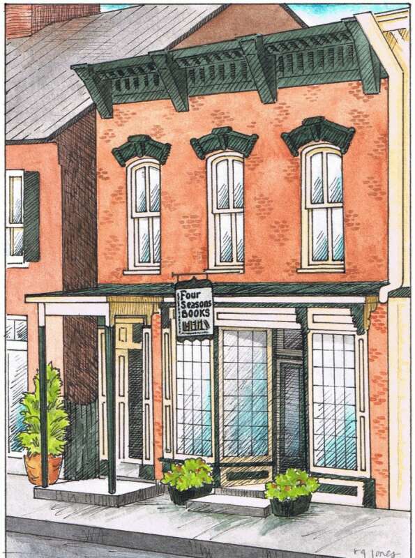Logo for Four Seasons bookstore -- watercolor painting of the building 's two story brick storefront!